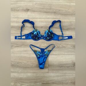 Blue Floral Embroidered Lingerie Set